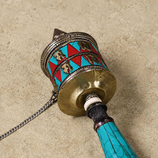 Turquoise-Inlaid Prayer Wheel, Copper Ritual Decor