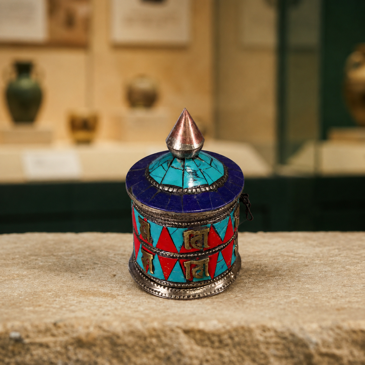 Turquoise-Inlaid Prayer Wheel, Copper Ritual Decor