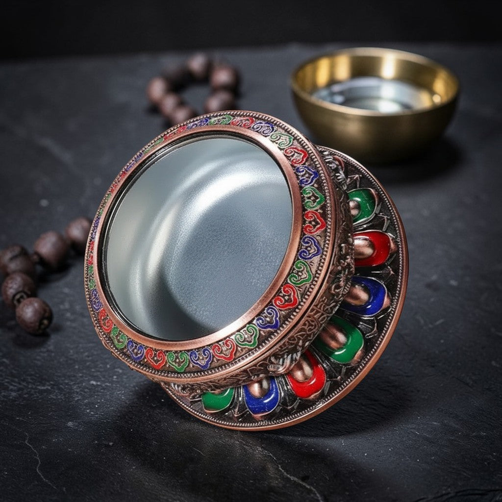 Close detail of Tibetan Brass Eight Auspicious Symbols Incense Burner
