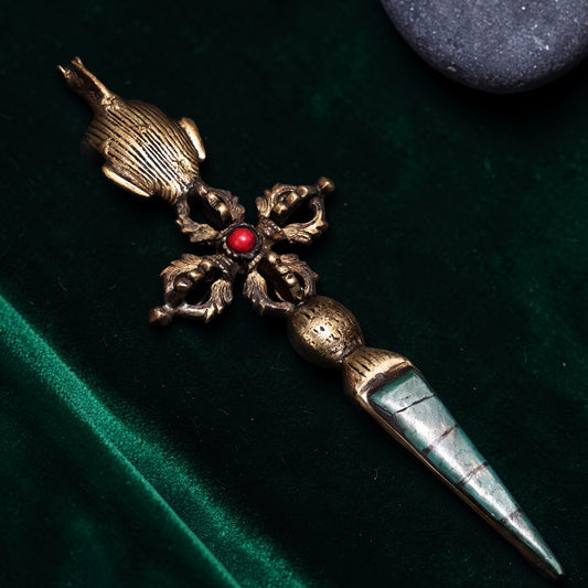 Gem-Inlaid Tibetan Copper Phurba Vajra Display Object detail view 3