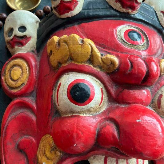 Hand-Painted Buddhist Mask, Brass Wall Accent size reference