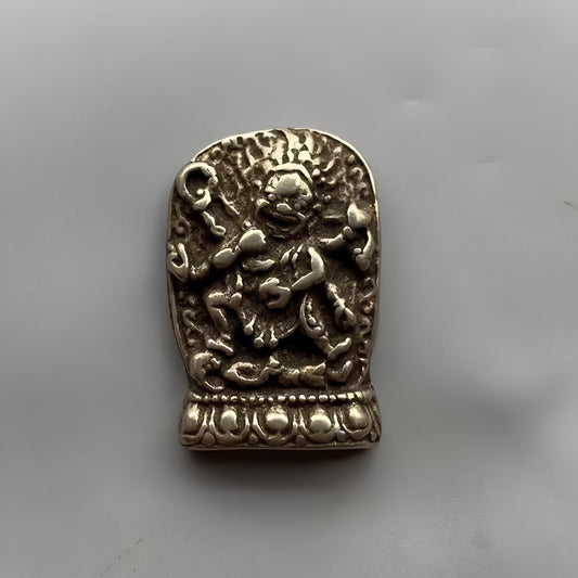 Six Armed Mahakala Pendant | White Copper Black Wealth God Amulet | Tibetan Protection Necklace