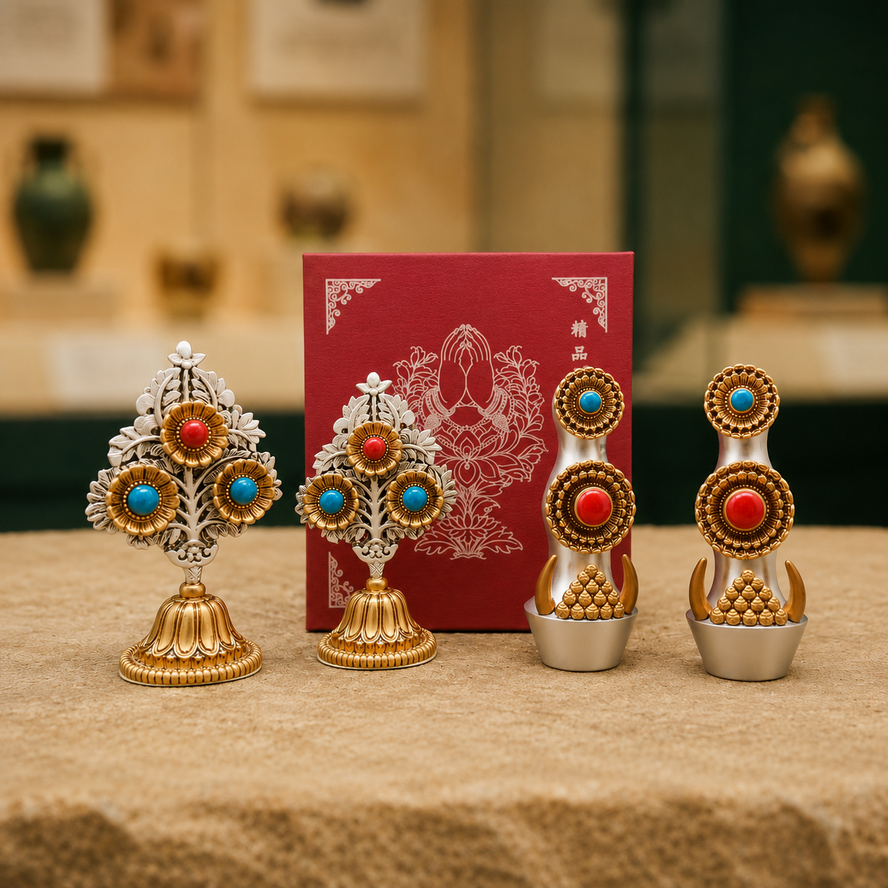 Gilt Inlaid Altar Set | Tibetan Wishing Tree Pillar