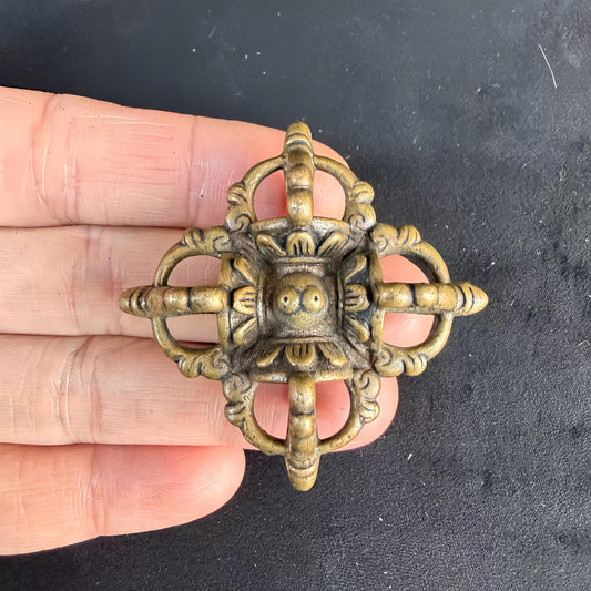 Vintage Tibetan Brass Cross Vajra Pendant, Double Dorje Protection Amulet, Mala Charm