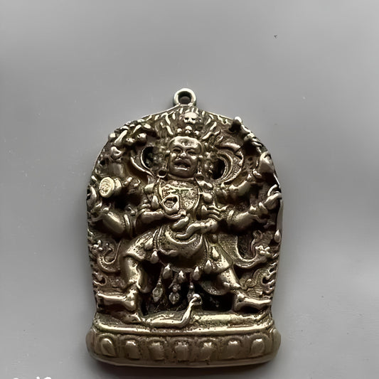 Six Armed Mahakala Pendant | White Copper Black Wealth God Necklace | Tibetan Protection Amulet