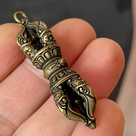 Vintage Tibetan Brass Vajra Pendant 5-Spoke Dorje Protection Amulet Charm