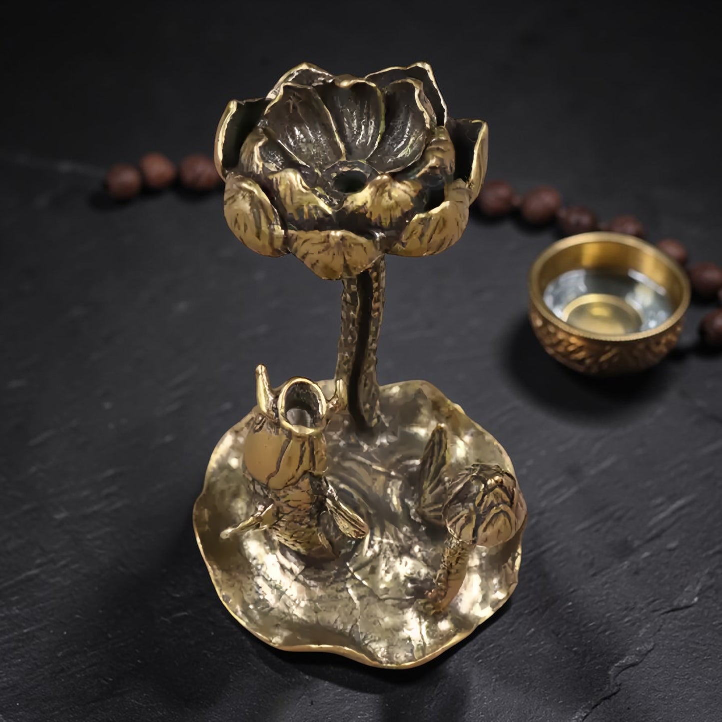 Lotus Koi Backflow Incense Burner, Solid Brass back view