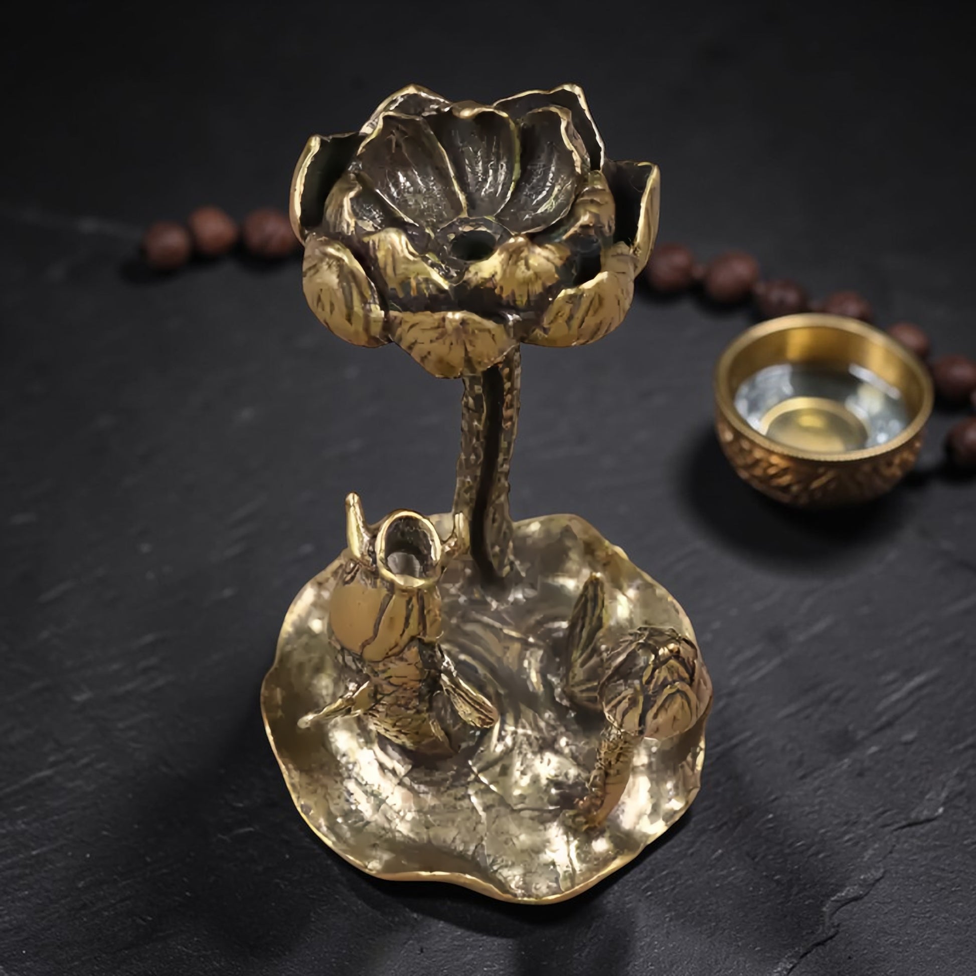 Lotus Koi Backflow Incense Burner, Solid Brass back view