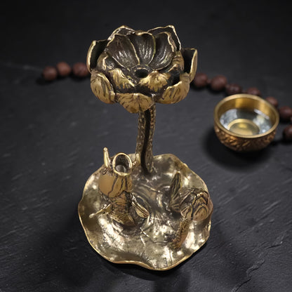 Lotus Koi Backflow Incense Burner, Solid Brass back view