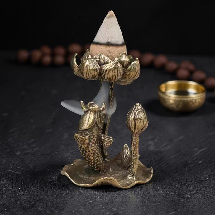 Lotus Koi Backflow Incense Burner, Solid Brass back view