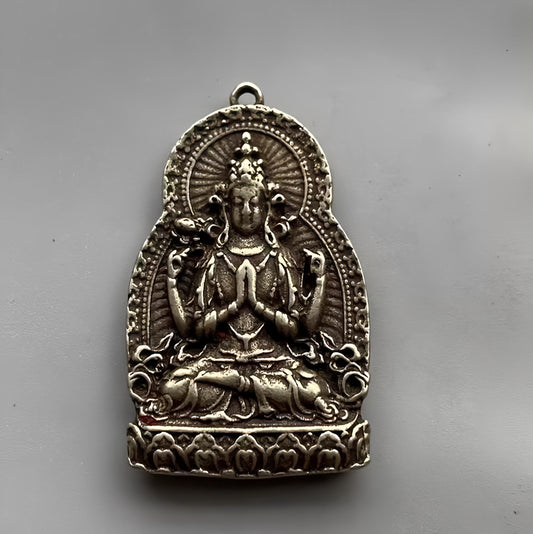 Solid White Copper Chenrezig Pendant | Four Armed Avalokiteshvara Necklace | Double Sided Buddhist Compassion Amulet