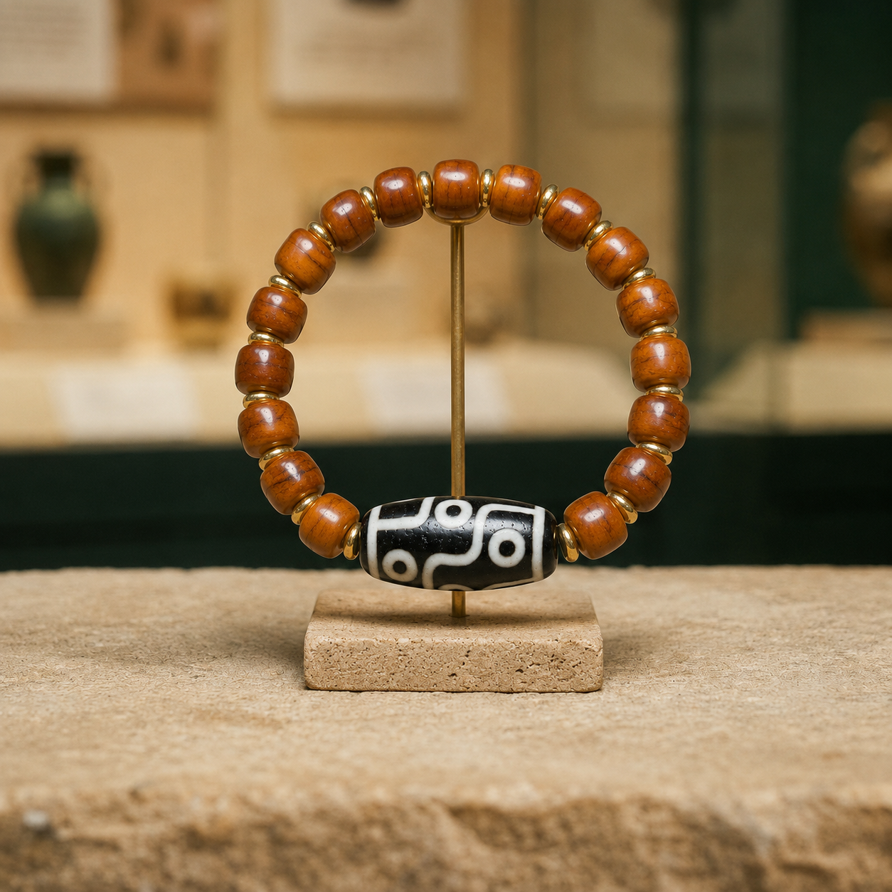 Agate Nine-Eyed Dzi Bracelet | Aged Yak Bone Amulet