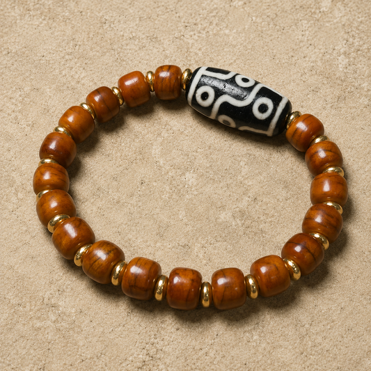 Agate Nine-Eyed Dzi Bracelet | Aged Yak Bone Amulet