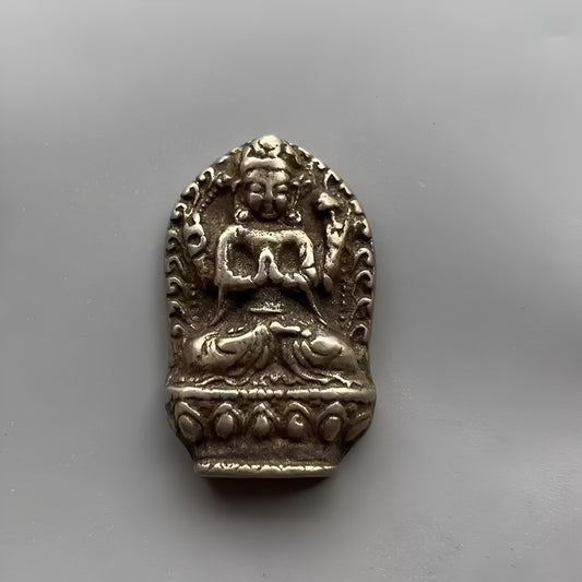 Tibetan White Copper Chenrezig Pendant | Vintage Tsa Tsa Style Amulet | Four Armed Avalokiteshvara Necklace