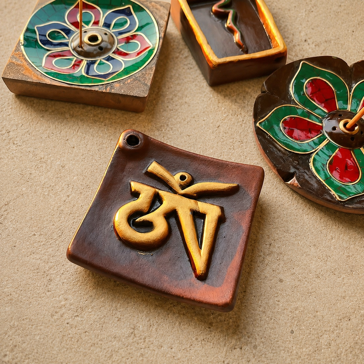 Gilt Pottery OM Incense Holder | Tibetan Altar Seat