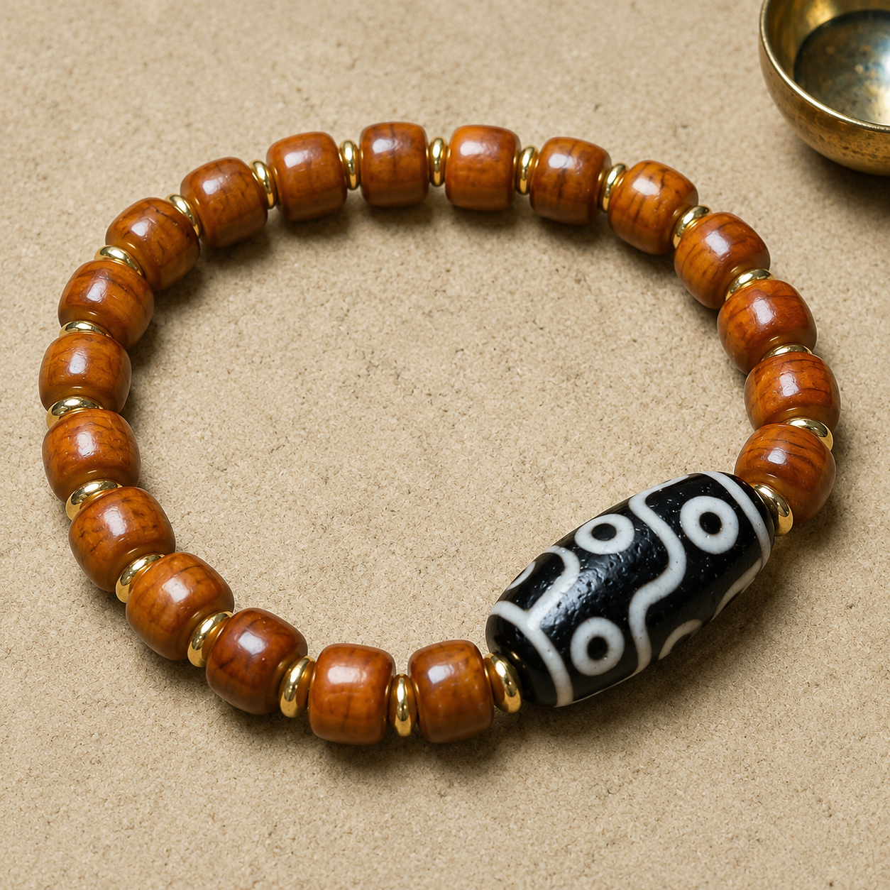 Agate Nine-Eyed Dzi Bracelet | Aged Yak Bone Amulet