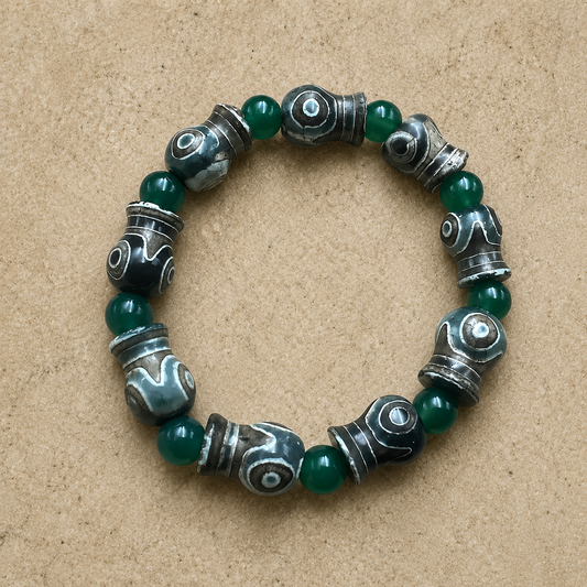 Agate Dzi Bead Bracelet | Tibetan Green Vase Amulet