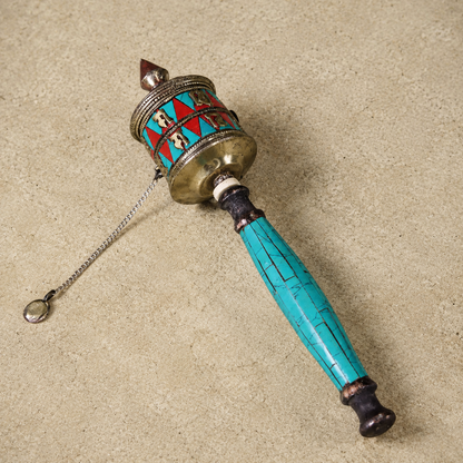 Turquoise-Inlaid Prayer Wheel, Copper Ritual Decor