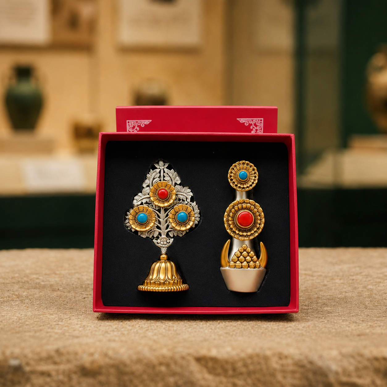Gilt Inlaid Altar Set | Tibetan Wishing Tree Pillar