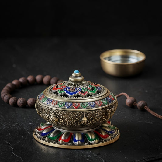 Closer view of Tibetan Brass Eight Auspicious Symbols Incense Burner