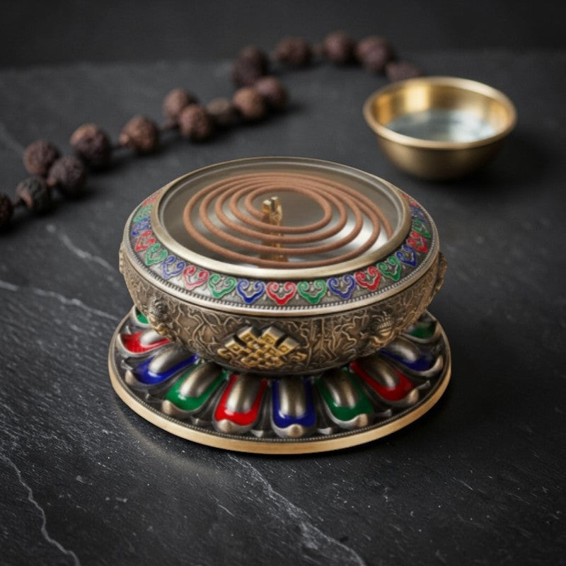 Detail of Tibetan Brass Eight Auspicious Symbols Incense Burner