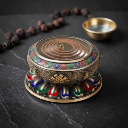 Detail of Tibetan Brass Eight Auspicious Symbols Incense Burner
