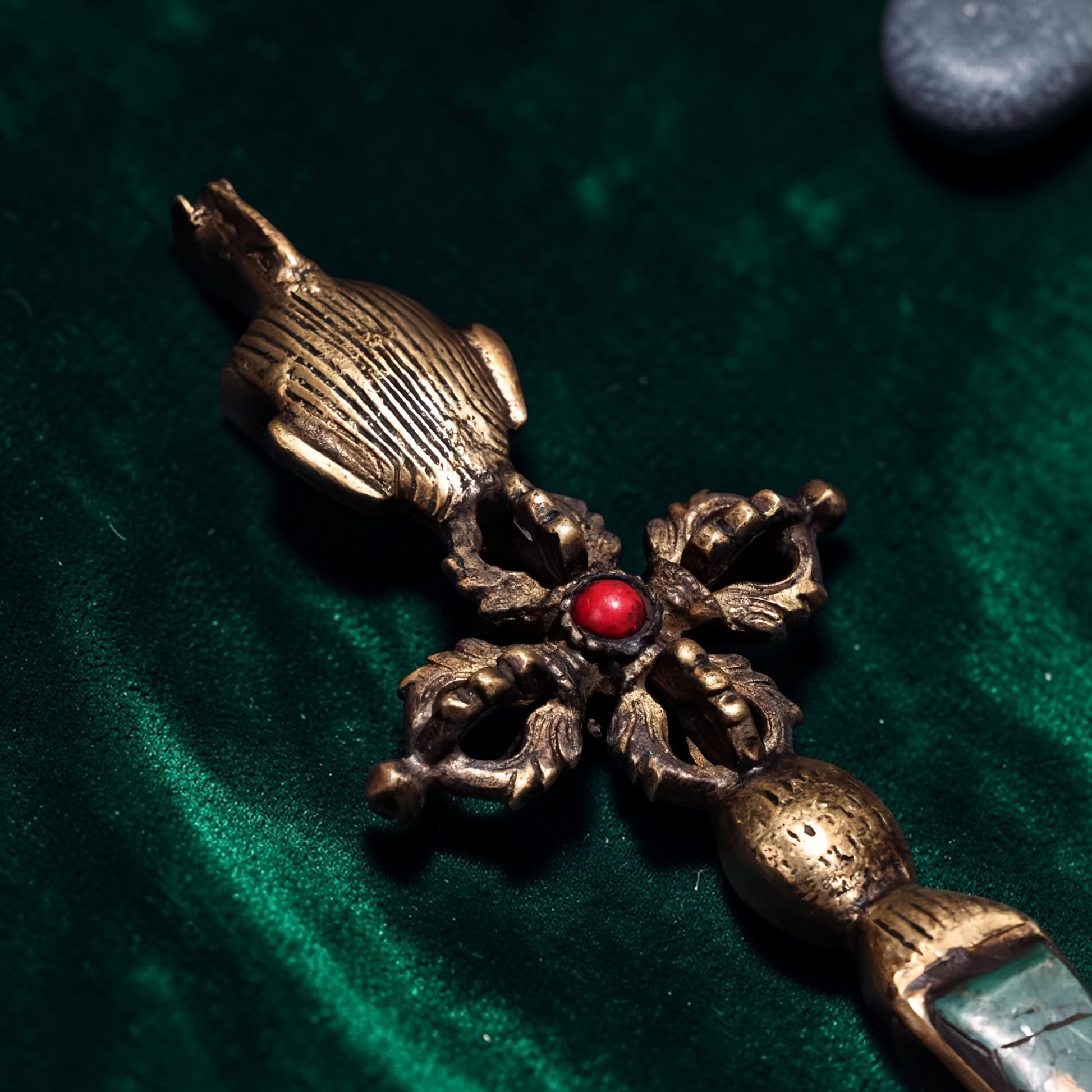 Gem-Inlaid Tibetan Copper Phurba Vajra Display Object detail view 2