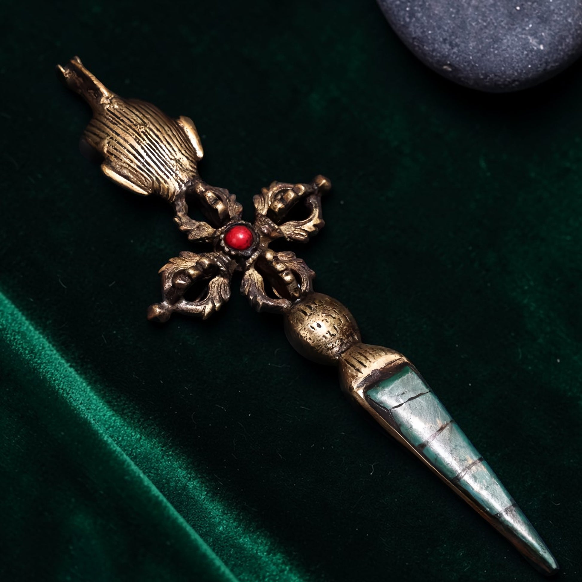 Gem-Inlaid Tibetan Copper Phurba Vajra Display Object detail view 3