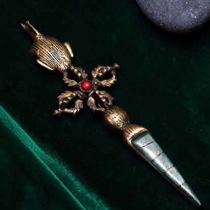 Gem-Inlaid Tibetan Copper Phurba Vajra Display Object detail view 3