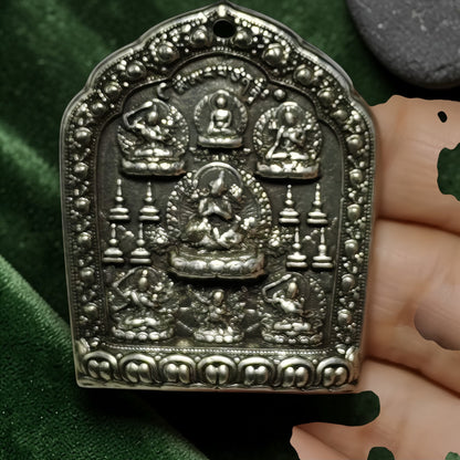 Manjushri Pendant, White Copper Amulet Charm detail view 2