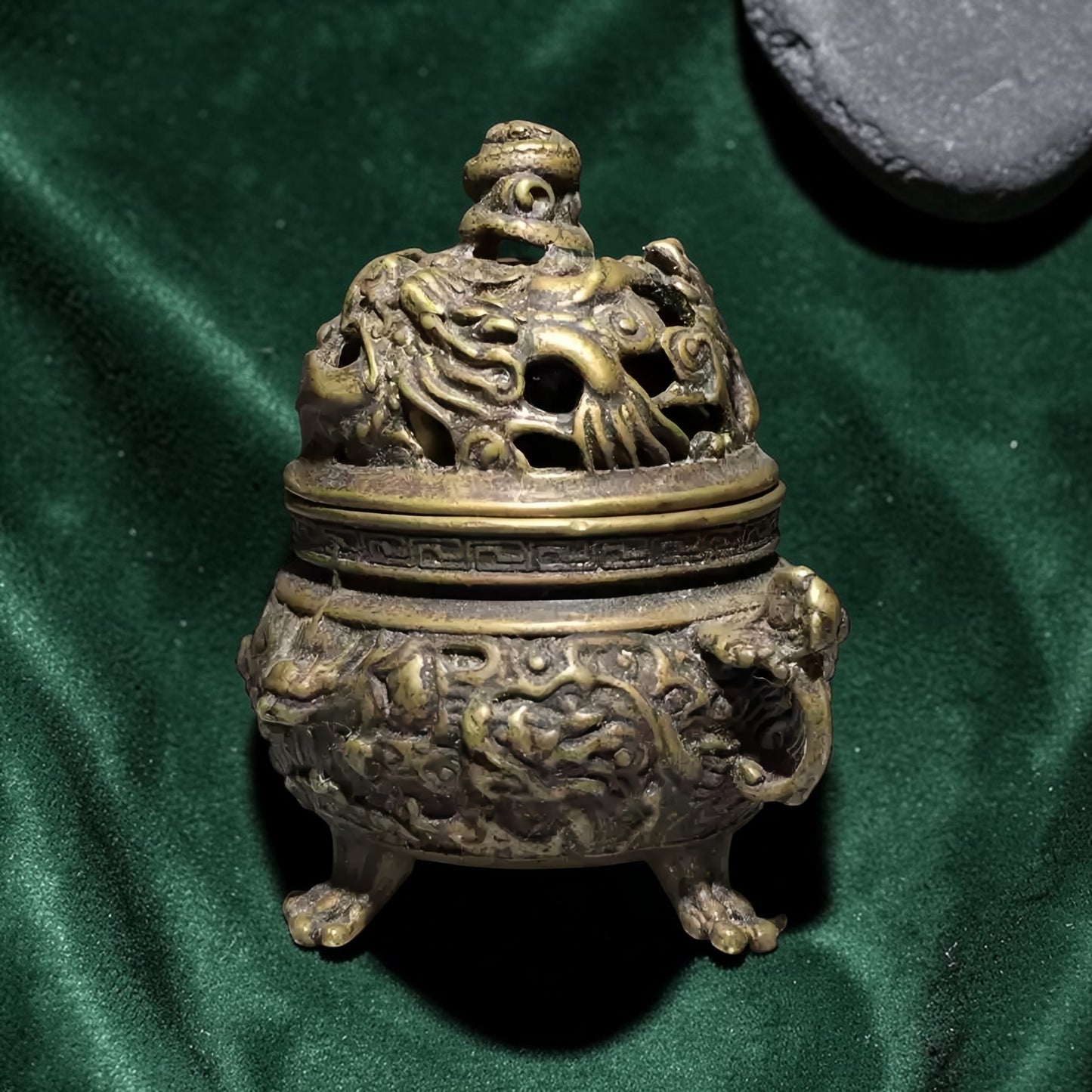 Tibetan Copper Dragon Incense Burner - Raised Relief detail view 2