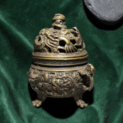 Tibetan Copper Dragon Incense Burner - Raised Relief detail view 2