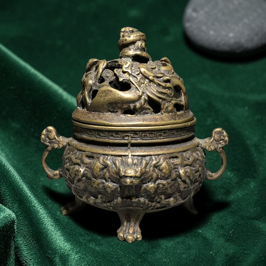 Tibetan Copper Dragon Incense Burner - Raised Relief detail view 1